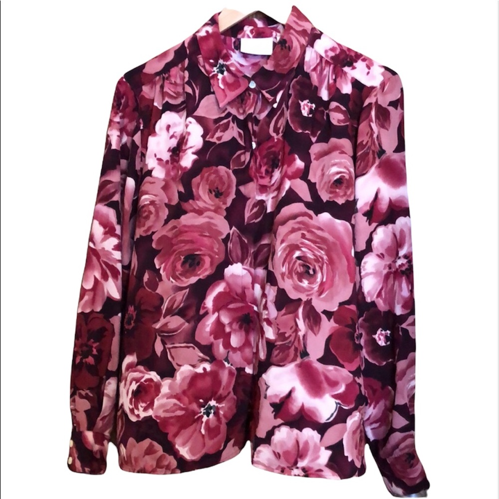 Liz Claiborne Burgundy Rose Floral Button Down Size L